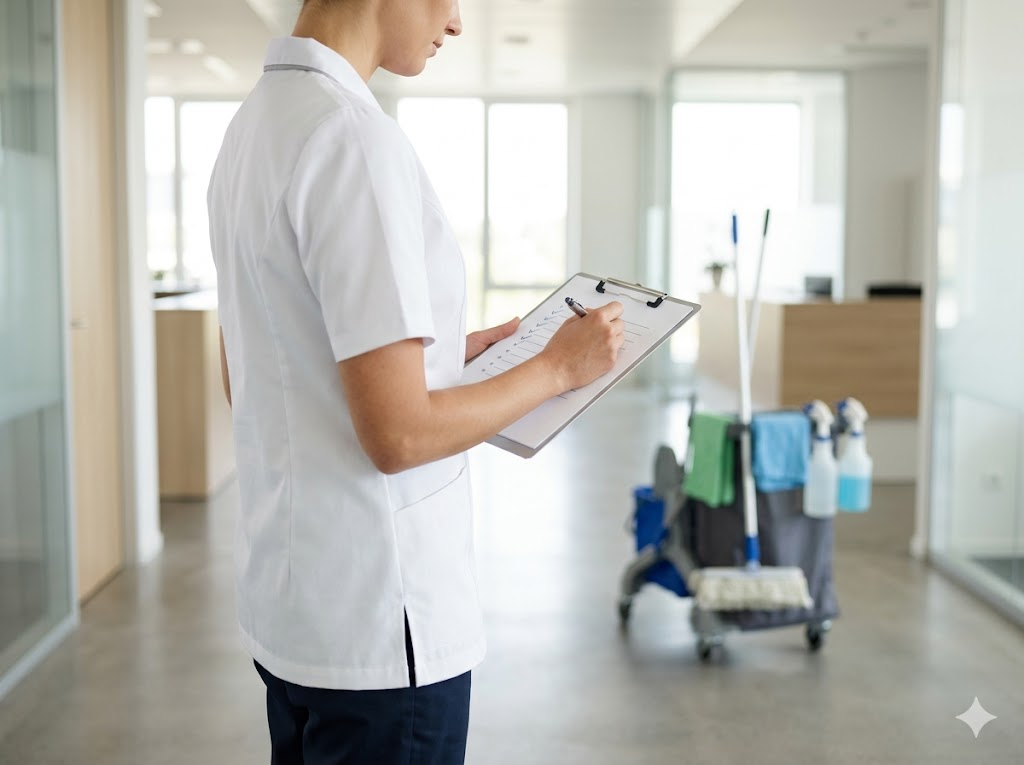 Regular commercial cleaning Melbourne — professional cleaner reviewing site-specific cleaning checklist