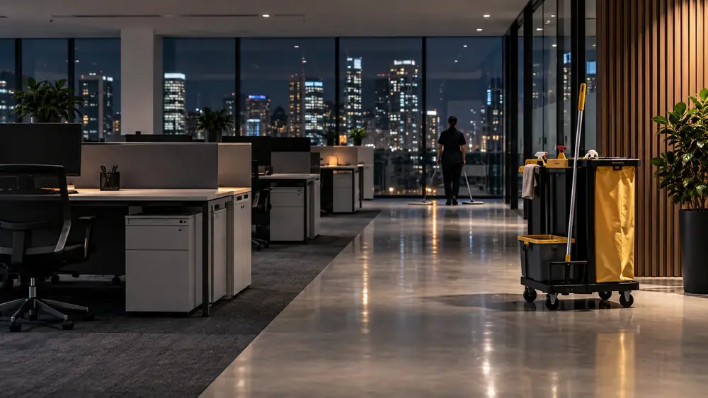After-hours office cleaning in Melbourne with desks cleared for the night crew