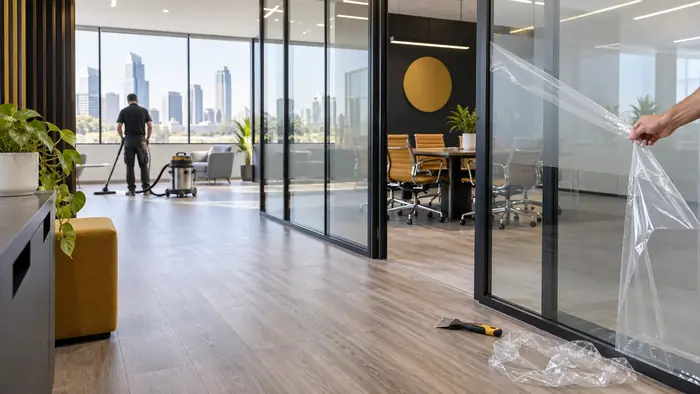 Builders clean after a commercial fit-out in Melbourne, removing fine construction dust