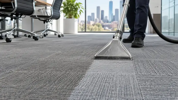 Commercial carpet cleaning in a Melbourne office with a hot water extraction machine