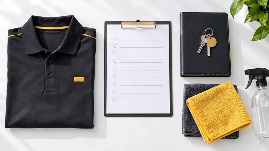Commercial cleaning checklist on a clipboard beside a key register and a Golden Star uniform