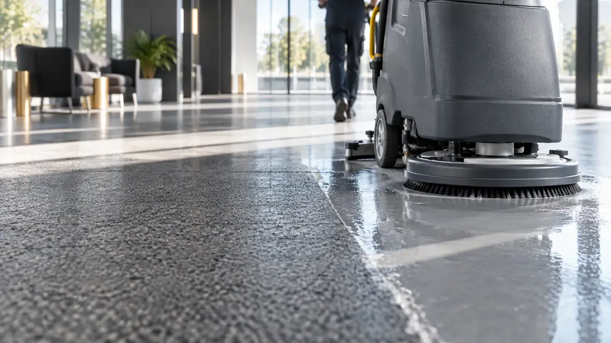 Commercial deep cleaning with a floor scrubber in an empty Melbourne workplace