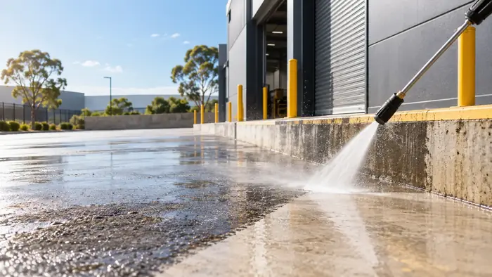 Commercial pressure washing of a paved Melbourne shopfront entry