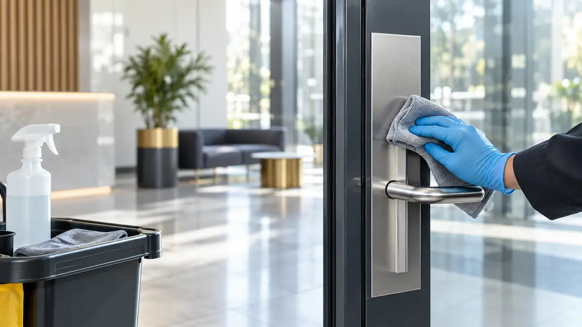 Difference between cleaning and disinfecting shown on an office door handle being wiped