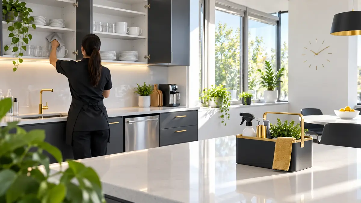 Commercial spring cleaning of an office kitchen, cupboards emptied and wiped