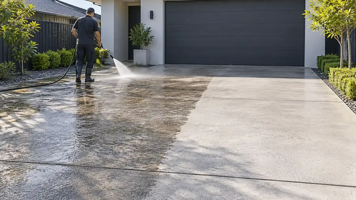 Driveway pressure washing on exposed aggregate concrete with a surface cleaner