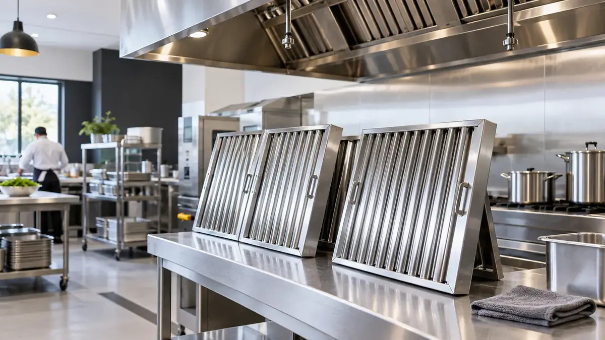 Kitchen exhaust canopy and filters being degreased