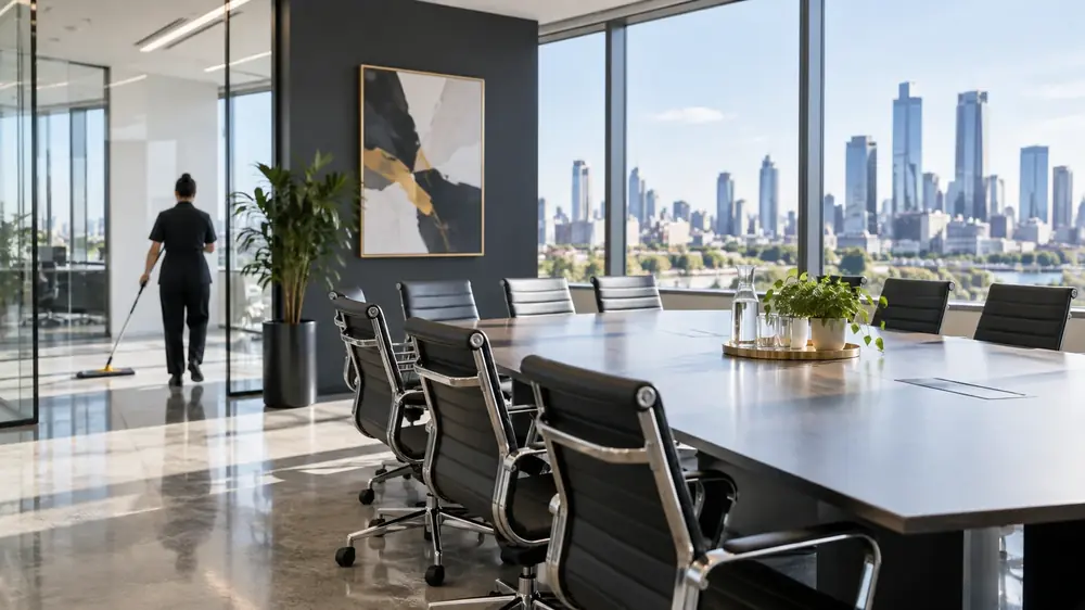 Office cleaning in Melbourne: a cleaner mopping beside a boardroom table with city views