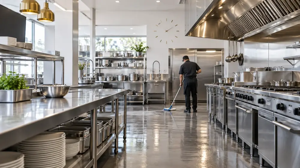 Restaurant and cafe cleaning in Melbourne: a commercial kitchen floor mopped after service