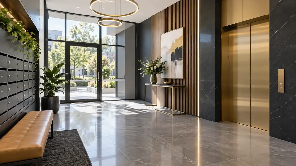 Strata common area corridor with lift lobby after cleaning